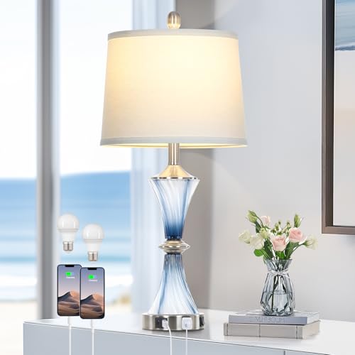 Rinweey Blue Glass Table Lamp with USB C+A Ports & AC Outlet,Coastal Bedside Lamp for Night Stands Bedroom Living Room,Nightstand Lamp LED Bulbs Included,Single Blue - color: Blue-1P
