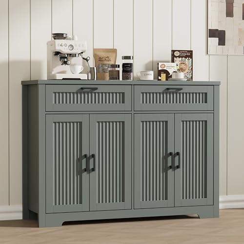 Buffet Cabinet with 2 Storage Drawers, Farmhouse Coffee Bar Table with Storage and Adjustable Shelf, 47.2" Wide Fluted Sideboard Cabinet for Kitchen, Dining Room, Living Room, Entryway, Green - color: Green, size: 2 Drawers + 4 Doors