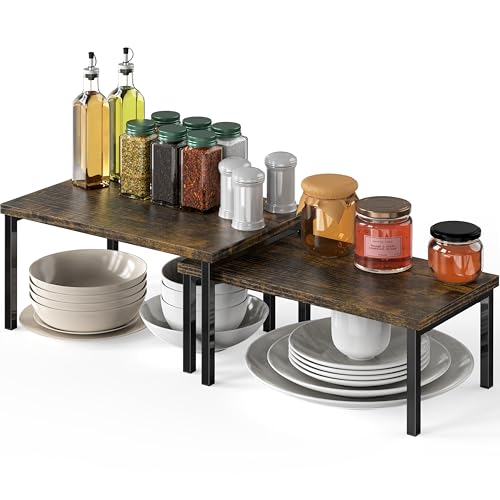 Simple Houseware Expandable Stackable Cabinet and Counter Shelf Organizer with Wooden Surface, 7.6'' D x 11.75'' W x 6.1'' H, Rustic Brown - color: Rustic Brown