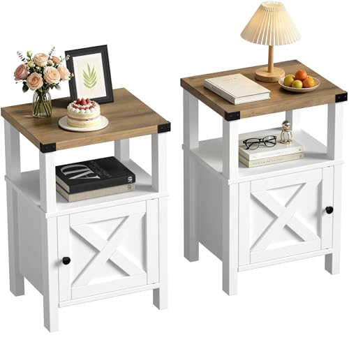 Set of 2 Farmhouse Nightstands, Sofa Side End Table with Storage, Wood Bedside Table with Barn Door for Bedroom Living Room Rustic Vintage White - color: White, size: 15.8"D x 13.8"W x 23.7"H