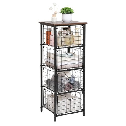 DINGTAI 5-Tier FreeStanding Storage Shelves with 4 Pull-Out Baskets,Bathroom Organizer Shelves Unit with WoodTop,Fruit Basket for Kitchen,Storage Tower Organizer Basket Cart for Bathroom，Black