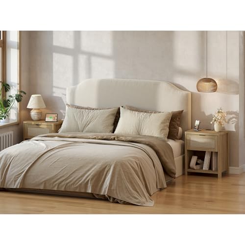 Boho Nightstand with Charging Station, Large Bedside Table with Drawer & Open Storage Shelf, Mid-Century Modern End Table Rattan-Look Drawer, Accent Side Table with Rounded Corners for Bedroom - size: 23.6"D x 22"W x 15.74"H(1-Drawer)