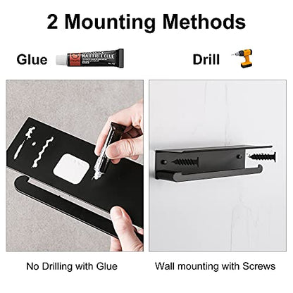 DUFU Paper Towel Holder Wall Mount for Kitchen, Black | Self-Adhesive Paper Towel Holder with Shelf for Bathroom, Anti-Rust Aluminum, No Drill or Wall-Mounted with Screws - color: Black
