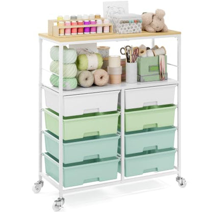 Rolling cart with 8 drawers,Storage drawer cart with wooden tabletop,Lockable wheels organizer for homeschool, arts & crafts, classroom, office & creative spaces (Green) - color: Green
