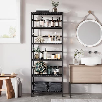 Bamjoy Bamboo Shelf, 6-Tier Bookshelf Adjustable Storage Shelves, Tall Shelving Unit Plant Stand, Storage Rack for Bathroom Home Office Living Room Kitchen, 23.6W x 10.2D x 63.4H Black - color: Black