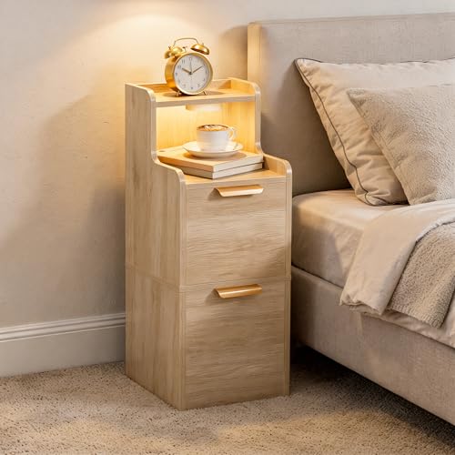 MAHANCRIS Narrow Nightstand with LED Light, Small Side Table with 2 Drawers, Open Shelf, Modern Bedside Table, Slim End Table for Small Spaces, Skinny Night Stand for Bedroom, Natural ETNA35E01 - color: Natural