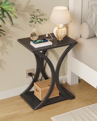 CHOEZON Black End Table with Charging Station, 2-Tier Narrow Side Table, Nightstand with Storage Shelf, for Small Spaces, for Living Room, Bedroom, Black TBZ20UBB - color: Black