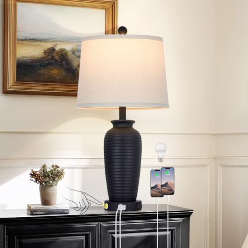 CINSARY 25" Retro Black Farmhouse Jar Table Lamps, 3 Way Touch Control Rustic Bedside Lamps with USB A+C Ports & AC Outlet, Pot Nightstand Lamps for Bedroom Living Room (LED Bulbs Included) - color: Retro Black-1Pack