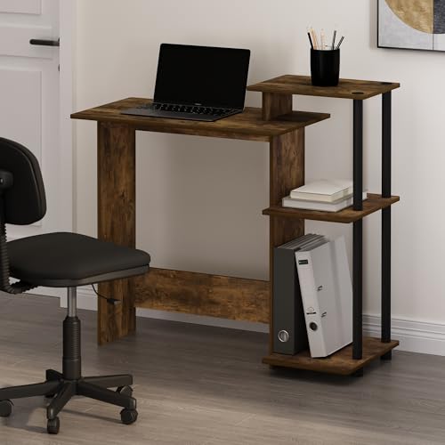 Furinno Efficient 29-Inch Rustic Brown Computer Desk with Side Shelves, Gaming Desk with 3 Open Shelves, Home Office Desk, for Home Office, Study Room, Dorm, Bedroom, Amber Oak - color: Amber Oak/Black, size: 28.6-in with 3 Side Shelves
