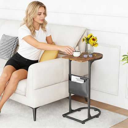 C Shaped End Table, Slide Under Small Side Table for Couch & Small Spaces | Wobble-Free C Table, Rustic Brown, Storage Bag, Sturdy Metal Frame, Wood Top, For Living Room Bedroom, 15-Min Quick Assembly - color: Classic Rustic Brown