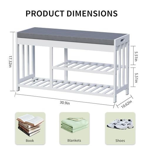 Shoe Rack Bench with Cushion,2 Tiers Shoe Bench with Flip-Top Storage,Wood Shoe Rack for Entryway, Hallway, Bedroom, Front Door Entrance (White) - color: White