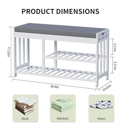 Shoe Rack Bench with Cushion,2 Tiers Shoe Bench with Flip-Top Storage,Wood Shoe Rack for Entryway, Hallway, Bedroom, Front Door Entrance (White) - color: White