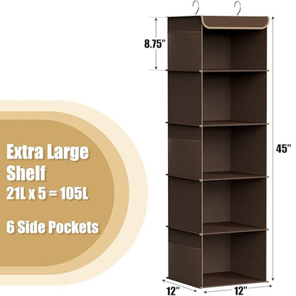 Simple Houseware 5 Shelf Hanging Closet Organizer, Brown - color: Brown, size: 5 Shelf