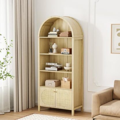 VINGLI 70" Arched Display Cabinet with 5 Shelves, Rattan Storage Cabinet 5 Tier Arched Bookshelf, Wood Tall Bookcases, Sturdy, Stylish for Living Room Bedroom Dining Room Office Study Room, Oak - color: White Oak