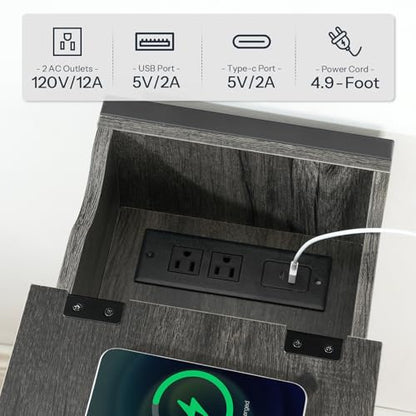 HOOBRO End Table with Charging Station, Narrow Side Table, Flip Top Nightstand with USB Ports and Outlets, Bedside Tables with Shelf for Small Spaces, Living Room, Charcoal Black BC341BZ01 - color: Charcoal Black