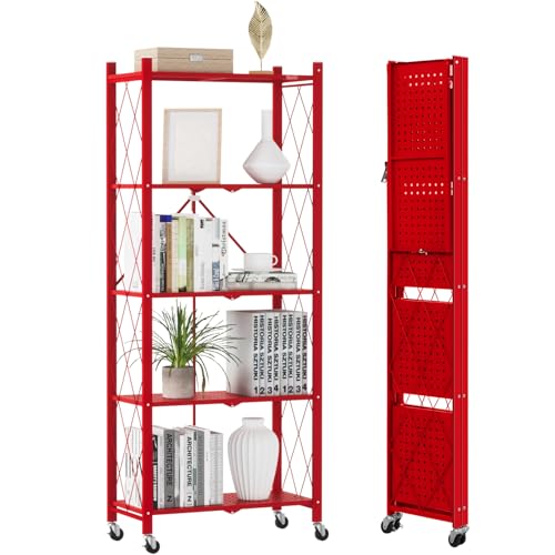 DEANIC 5-Shelf Folding Bookcase with Wheels, Heavy Duty Storage Shelves, Freestanding Metal Wire Shelving Unit for Living Room, Office, Kitchen, Basement, Pantry(Red) - color: Red, size: Compact 5 tier