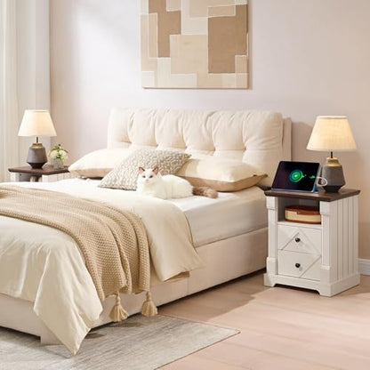 BuildHom 18" Farmhouse Nightstand Set of 2 with Charging Station,2 Interchangeable Drawers End Table, Roman Column Bedside Table with Open Shelf for Bedroom(Antique White) - color: Antique White - 2pcs