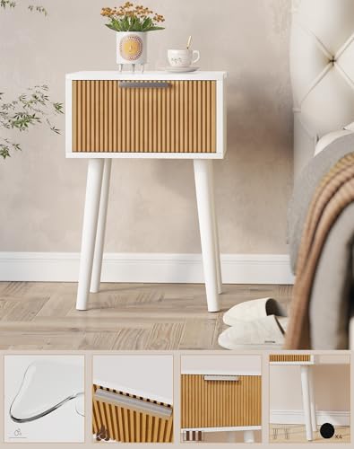 YMYNY Narrow Fluted Nightstand Set of 2, Small End Table, Modern Coffee Table with Drawer, Solid Wood Legs, Retaining Chain, for Bedroom and Small Spaces, White and Natural UHST014WN-2 - color: White and Natural