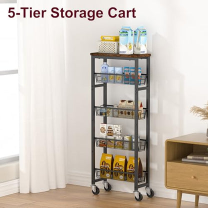 Slim Rolling Cart, 5-Tier Storage Cart, 9.1inch Narrow Kitchen Rolling Cart on Wheels for Small Space, Utility Cart Shelving Unit with Wooden Top and Metal Handle for Kitchen, Bathroom, Laundry Room - size: 5 Tiers (9.1"D x 39.4"H)