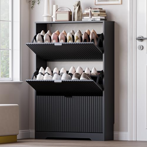 BORNOON Entryway Shoe Cabinet with 3 Flip Drawers, Narrow Shoe Organizer Cabinet with Fluted Panel and Adjustable Shelves for Foyer, Hallway - color: Black, size: 3-Drawer