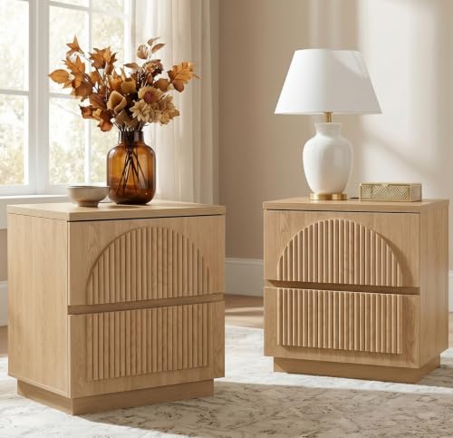 Yechen Fluted Nightstand Set of 2, Nightstand with Storage, Modern Arched Reeded Night Stand with Charging Station, Bedside Table for Bedroom, Light Wood - color: Natural, size: 1SET