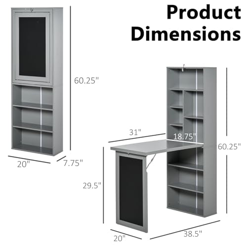 Fold Out Desk with Blackboard, Convertible Foldable Wall Desk with Side Shelf for Home Office Living Room Bedroom, Space-Saving