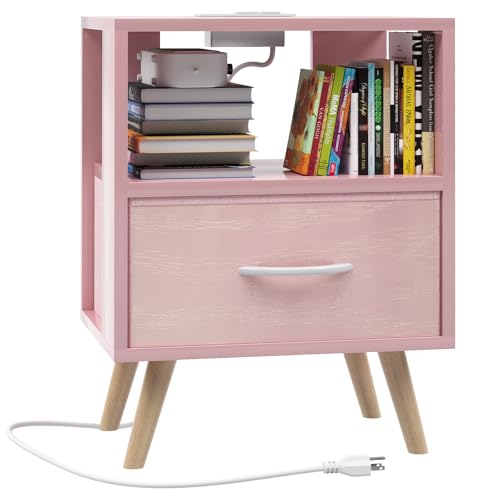 Huhote Kids Nightstand, 2-Tier Night Stand with Charging Station and Drawer, Modern Side Table for Bedroom, Study Room Small Spaces, Pink - color: Pink, size: 2-Tier with Charging