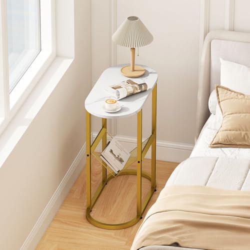 Giantex Oval Narrow Side Table, Set of 2 Small End Table with Magazine Rack Sling Holder Pouch, Modern Slim Nightstand, Bedside Tables for Living Room Bedroom Couch Small Spaces, White & Gold - color: White & Gold