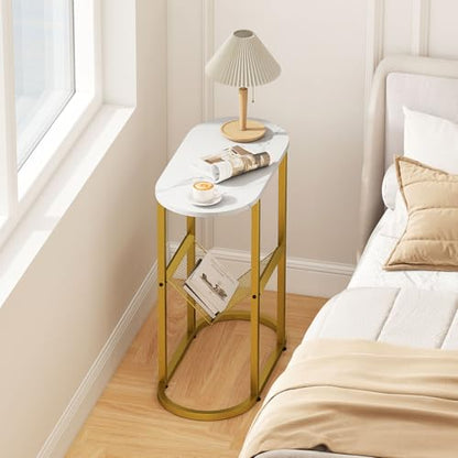 Giantex Oval Narrow Side Table, Set of 2 Small End Table with Magazine Rack Sling Holder Pouch, Modern Slim Nightstand, Bedside Tables for Living Room Bedroom Couch Small Spaces, White & Gold - color: White & Gold