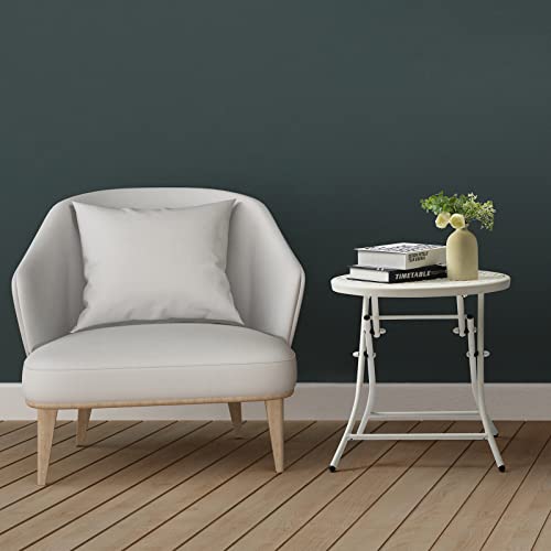 TeoKJ Folding Outdoor Side Tables, Anti Rust Small Patio Table Round Metal Nightstand with Flower Cutouts for Porch Yard Balcony Deck Lawn, White - color: White