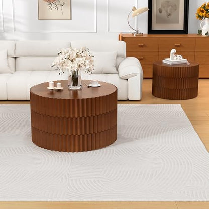 Round Nesting Coffee Table Set of 2 Modern Fluted Coffee Table Walnut Round End Table Small Side Table Circular Coffee Tables Circle Nested Coffee Tables for Living Room (Brown Large) - color: Brown Large