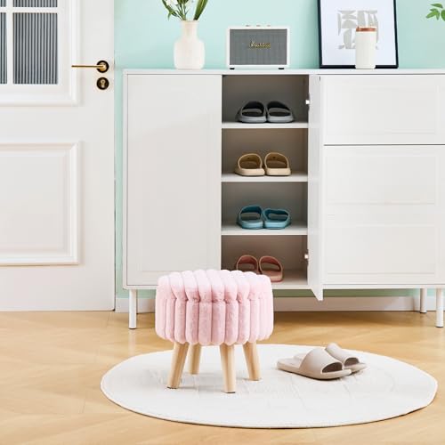 Wimarsbon Storage Ottoman, Modern Round Footrest with Soft Padded Seat, Teddy Velvet Footstool with Wood Legs, Accent Small Table or Plant Stand for Hallway, Living Room (Light Pink) - color: Light Pink