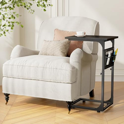 Fixwal C Shaped End Table Adjustable Height Side Table for Couch, TV Tray with Storage Bag Slide Under Sofa Small Tables for Living Room, Bedroom & Office, Black - color: Black, style: Long Board