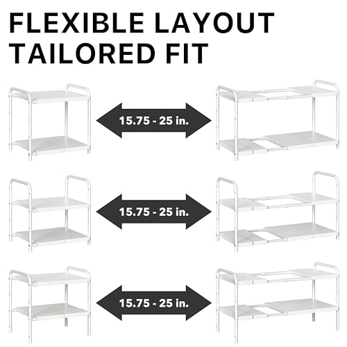 Simple Houseware Under Sink 2-Tier Heavy Duty Expandable Organizer, White | Adjustable Width 15.75–25 Inches with 4 Shelf Height Levels - color: White