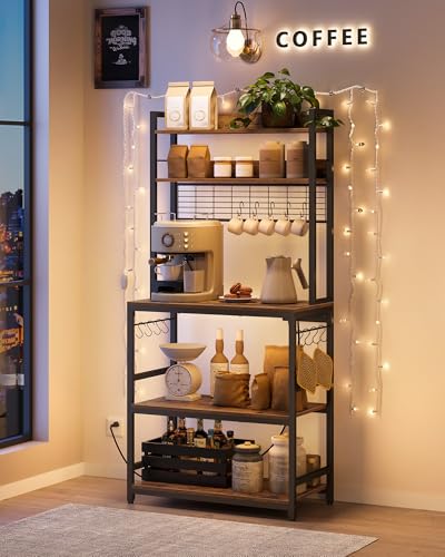 VASAGLE Bakers Rack with Power Outlet, Microwave Stand, Kitchen Tall Utility Storage Shelf, with Metal Wire Panel, 14 Hooks, 15.7 x 31.5 x 66.9 Inches, Rustic Brown and Ink Black UKKS025B01 - color: Rustic Brown + Ink Black, size: 31.5"W