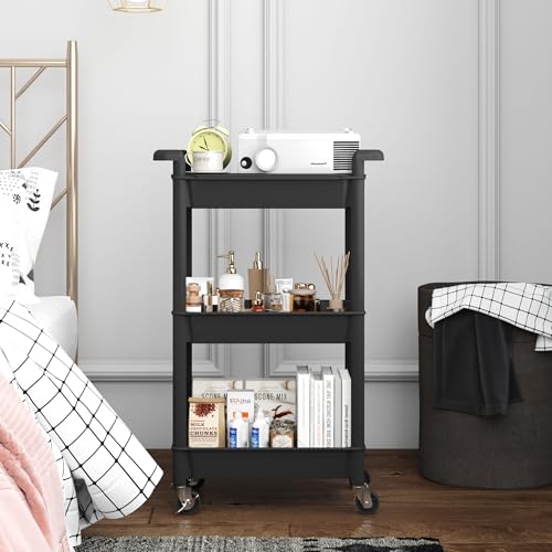MIOCASA 3-Tier Utility Rolling Cart with Cover Top Board, Kitchen Storage Organization Cart with Wheels for Office, Classroom, Living Room, Kitchen, Bathroom, Black, Plastic - size: 3-Tier, style: Black