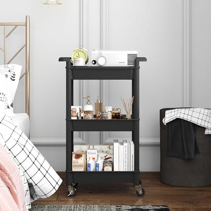 MIOCASA 3-Tier Utility Rolling Cart with Cover Top Board, Kitchen Storage Organization Cart with Wheels for Office, Classroom, Living Room, Kitchen, Bathroom, Black, Plastic - size: 3-Tier, style: Black