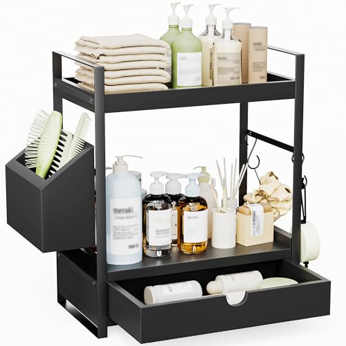 2-Tier Bathroom Counter Organizer, Wooden Vanity Shelf with Drawer & Basket | Pre-Drilled Holes, Skincare & Makeup Countertop Organizer and storage, Black - color: Black
