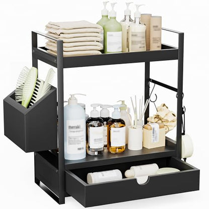 2-Tier Bathroom Counter Organizer, Wooden Vanity Shelf with Drawer & Basket | Pre-Drilled Holes, Skincare & Makeup Countertop Organizer and storage, Black - color: Black