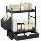 2-Tier Bathroom Counter Organizer, Wooden Vanity Shelf with Drawer & Basket | Pre-Drilled Holes, Skincare & Makeup Countertop Organizer and storage, Black - color: Black