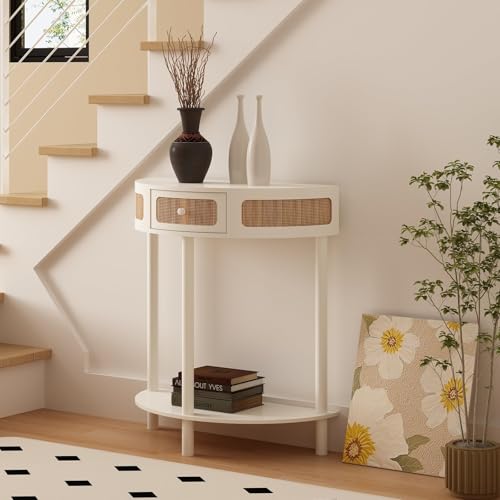 Wnutrees Rattan Half Moon Console Table, Modern Entryway Table with Drawer, Boho Sofa Table with Bottom Storage Shelf, Small Semicircular Tables for Hallway, Living Room, White - color: White
