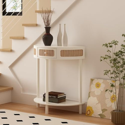 Wnutrees Rattan Half Moon Console Table, Modern Entryway Table with Drawer, Boho Sofa Table with Bottom Storage Shelf, Small Semicircular Tables for Hallway, Living Room, White - color: White