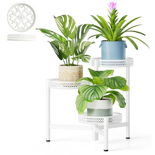 3 Tier White Folding Metal Planter Pot Holder Stand for Bedroom - color: WhiteWave, size: 3-tiers