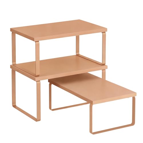 SONGMICS Cabinet Organizer Shelf, Set of 3 Kitchen Counter Shelves, Kitchen Storage, Spice Rack, Stackable, Expandable, Apricot UKCS220Y01V1 - color: Apricot