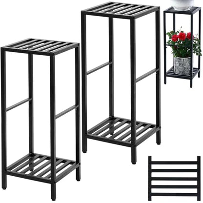 Party Zealot 2 Packs of 2-Tier Tall Metal Square Plant Stand 31” Heavy-Duty Modern Flower Pot Rack for Indoor Living Room, Corner Side Table for Outdoor Patio, Garden Planter Holder, Black - style: Square tube - 2 pack