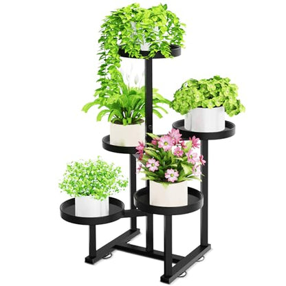 5 Tier Metal Heavy Duty Plant Stand Indoor Outdoor，27In Tall,Black | 7.9In Pot,Save Space,Adjustable Foot Pad,Tiered Corner Plant Holders for Multiple Plants,Patio,Garden,Living Room, Balcony