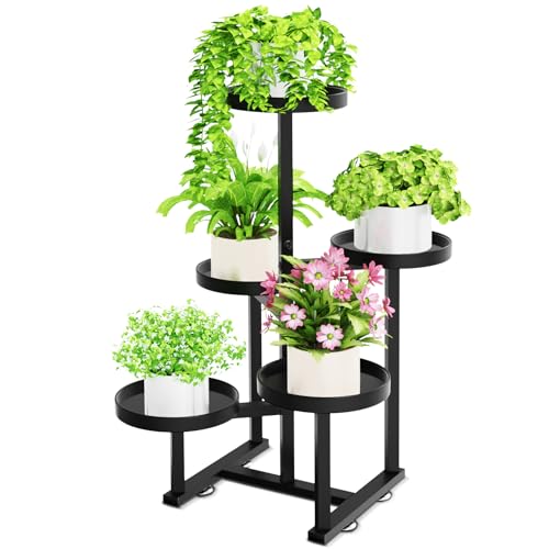 5 Tier Metal Heavy Duty Plant Stand Indoor Outdoor，27In Tall,Black | 7.9In Pot,Save Space,Adjustable Foot Pad,Tiered Corner Plant Holders for Multiple Plants,Patio,Garden,Living Room, Balcony