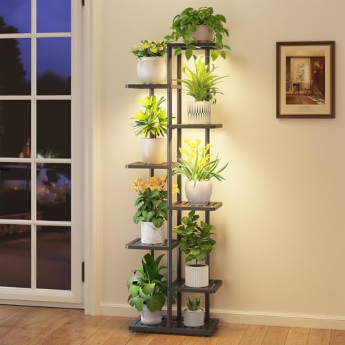 iDavosic.ly Plant Stand Indoor with Grow Light, 7-Tier Tall Metal Flower Shelf for Heavy-Duty Large Planters, Corner Orchid Display Rack for Living Room Balcony Patio Porch, Modern Black - color: Black with Light, size: 7 Tier