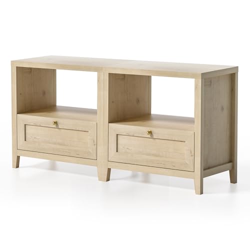 EYYTHUNG Farmhouse Nightstands Set of 2 with Drawer Modern 24" Wide End Table Night Stand Large Wooden Bedside Table with Open Shelf Mid Century Night Stands for Sofa, Light Oak - color: Light Oak, size: 2 PCS