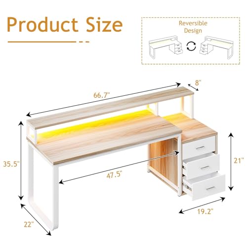 HOMBCK 67" Computer Desk with 3 Drawers, Home Office Desk with Long Monitor Stand and Printer Space, Office Desk with Storage & LED Lights, Writing Desk with Drawers, Walnut and White - color: Walnut and White
